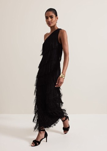 Phase Eight Otto One Shoulder Fringe Dress Black Australia | LB6129540